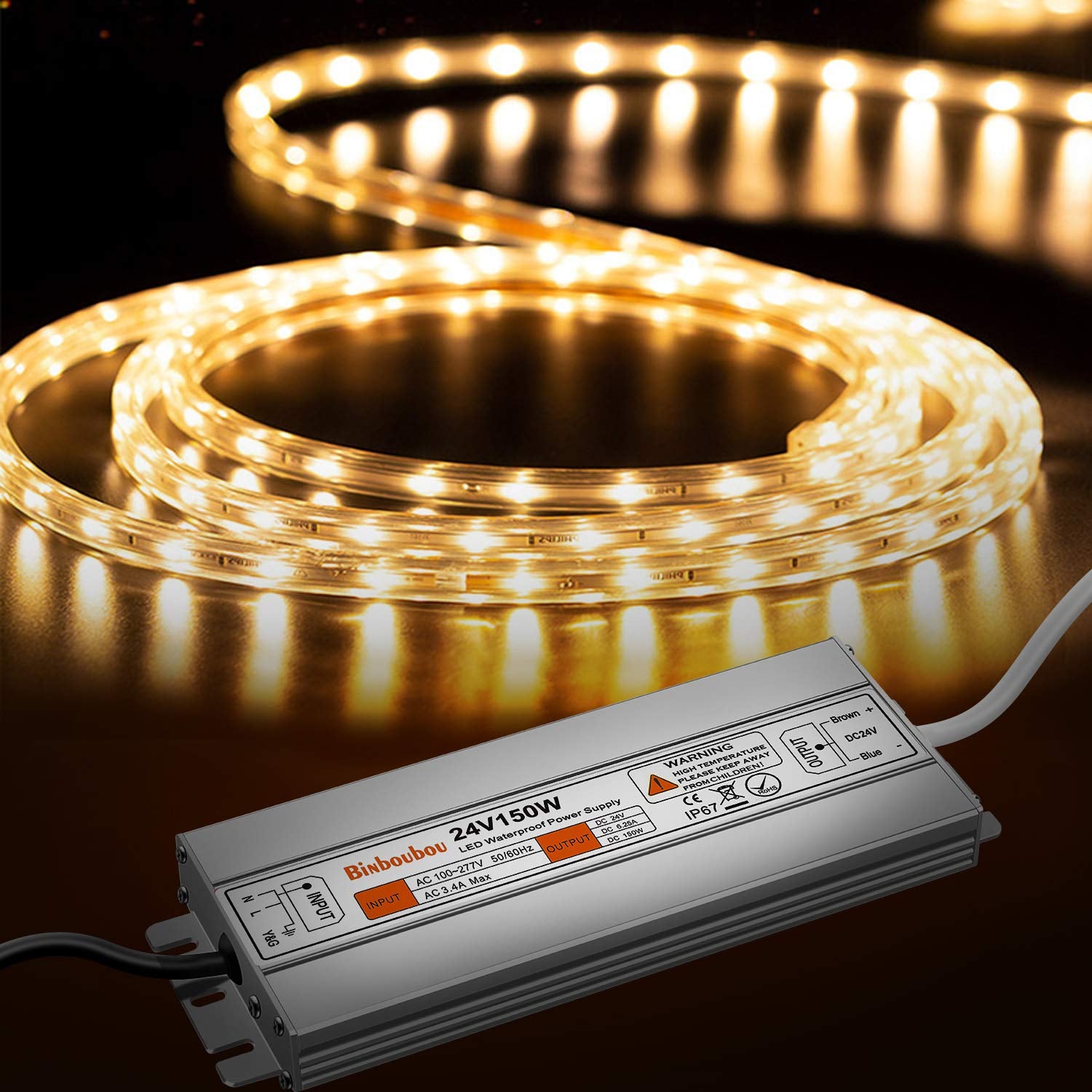 150W LED Driver AC110V to 24V DC Transformer Power Converter, IP67 Waterproof Low Voltage Transformer with 3-Prong Plug for Any Outdoor and Indoor Led Lights, Computer Projects