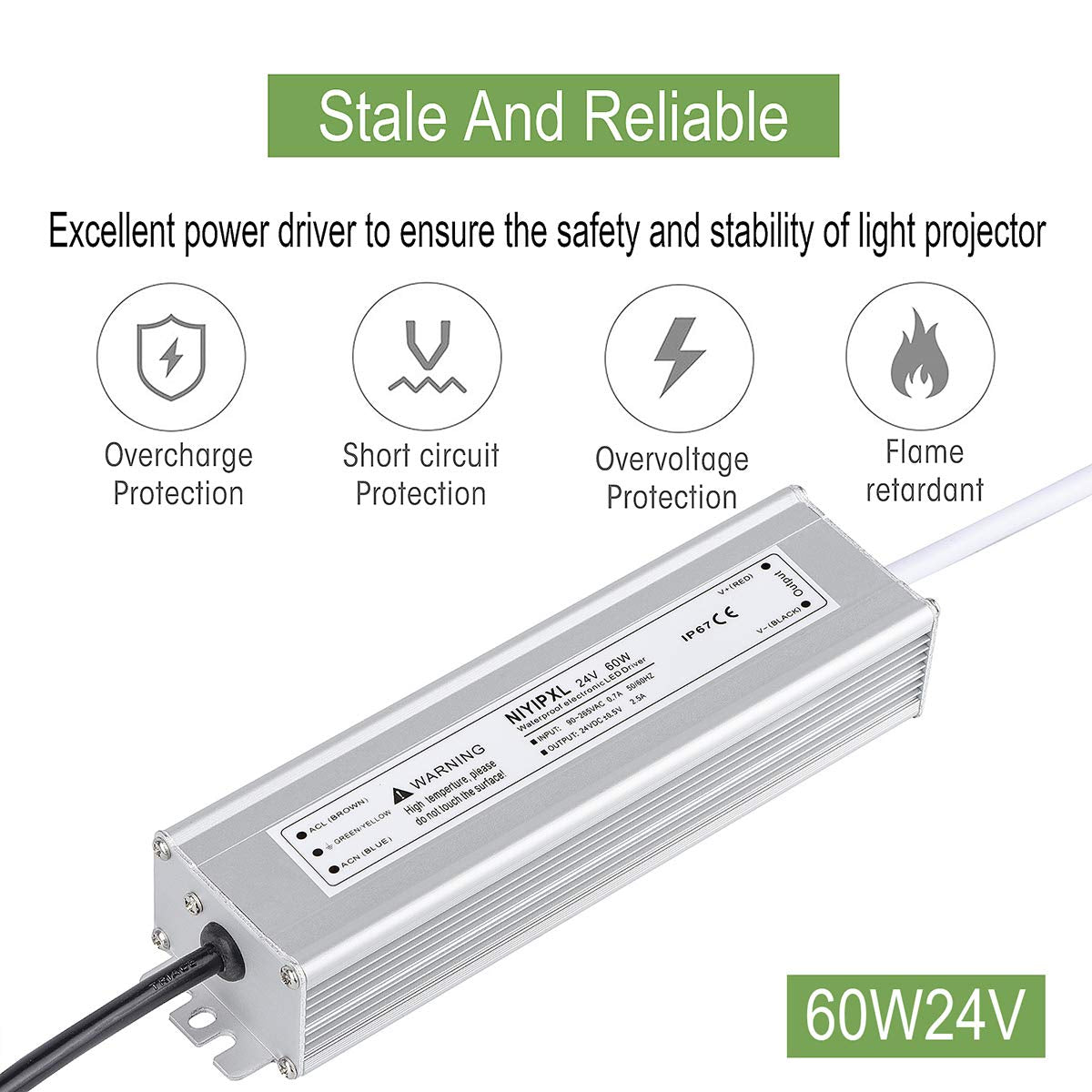 LED Driver 60 Watts 24V DC Low Voltage Transformer， Waterproof IP67 LED Power Supply, Adapter with 3-Prong Plug 3.3 Feet Cable for Any 24V DC Led Lights, Computer Project, Outdoor Light
