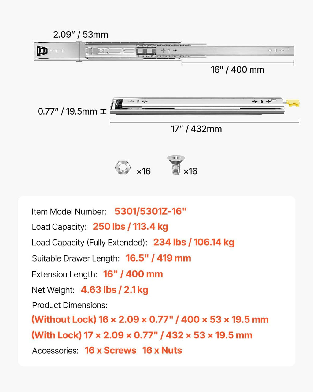 Heavy Duty Drawer Slides 16Inch, 1 Pair Locking Drawer Slides 250Lbs Load Capacity, Side Mount Ball Bearing, 3-Fold Full Extension