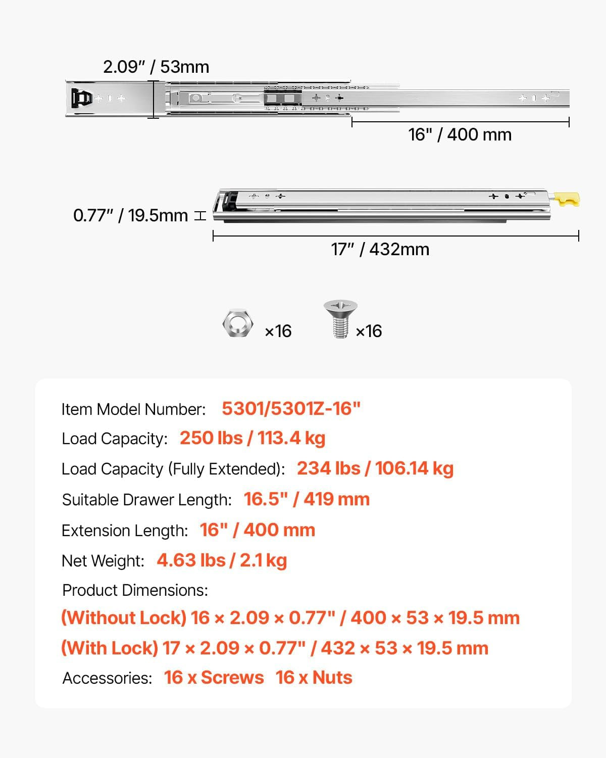 Heavy Duty Drawer Slides 16Inch, 1 Pair Locking Drawer Slides 250Lbs Load Capacity, Side Mount Ball Bearing, 3-Fold Full Extension