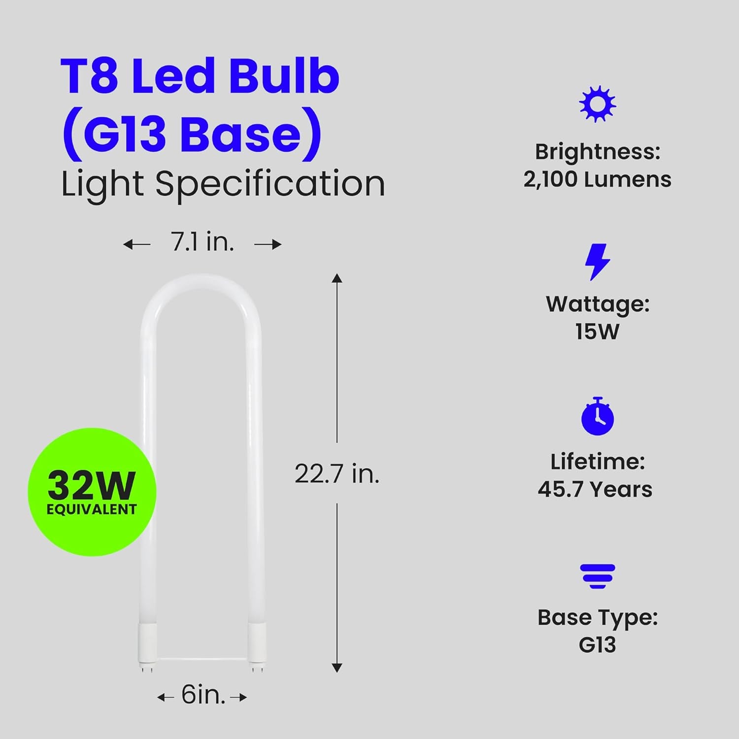 T8 U-Bend LED Tube Light, 15 Watts, Replaces 32W FB32T8 Fluorescent U-Bend, 2100 Lumens, Cool White 4000K, Type A+B Direct Replacement or Ballast Bypass, G13 Base, 50,000 Hours, 4-Pack
