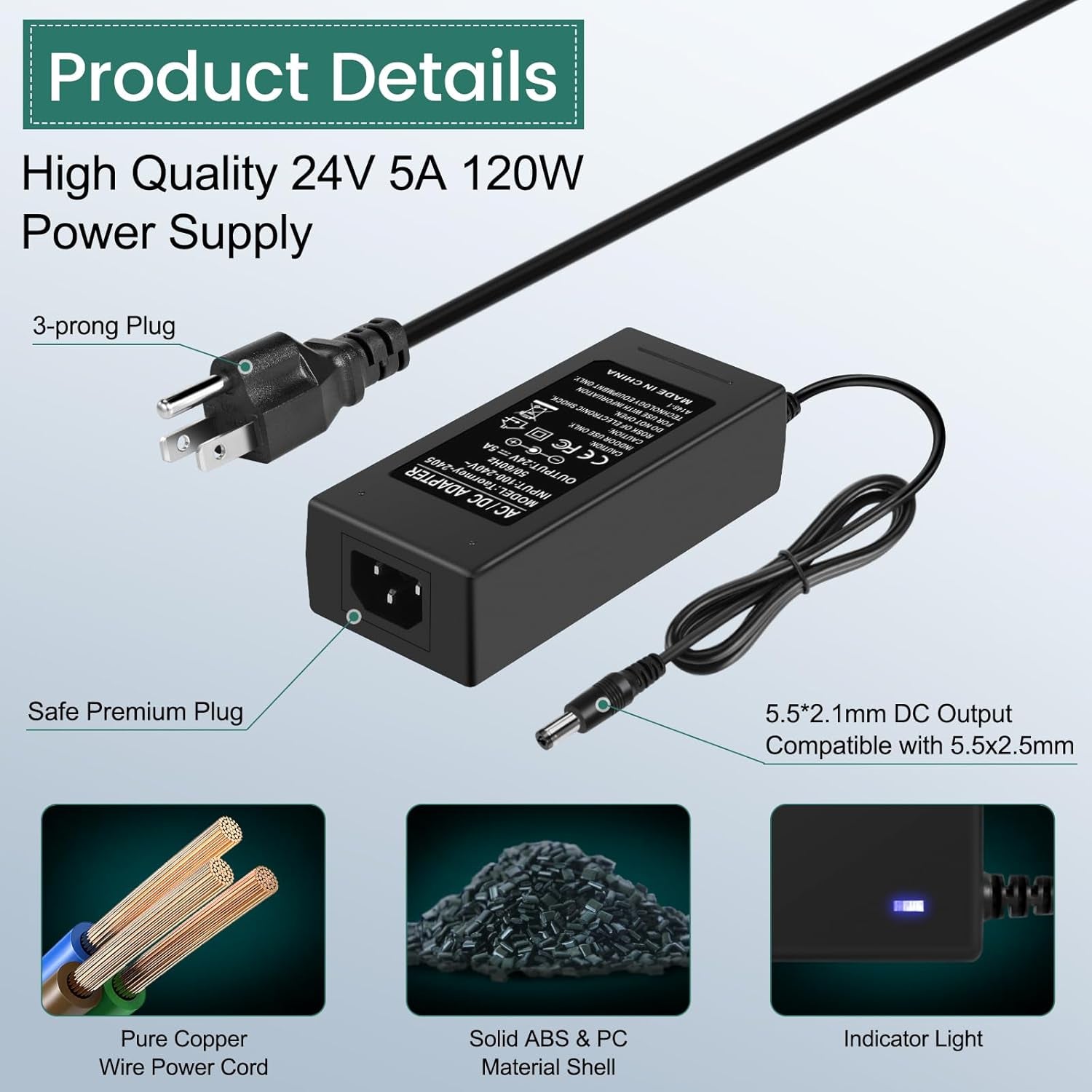 24V Power Supply 5A,AC 100-240V to DC 24 Volt 5A Power Converter Transformer,24V 120W Max AC/DC Adapter with 5.5 X 2.1Mm DC Plug for LED Strip Security Camera Router LED Driver Monitor