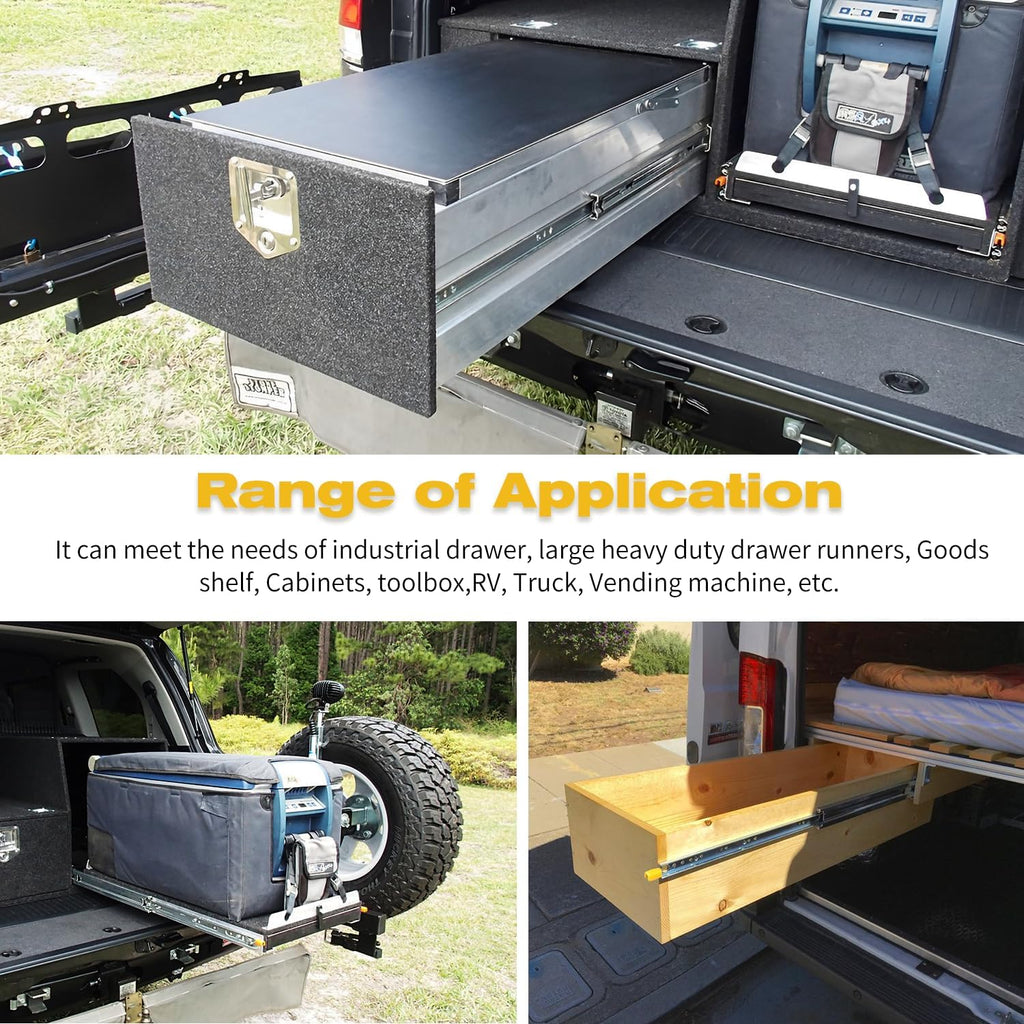 Heavy Duty Drawer Slides with Lock 12 14 16 18 20 22 24 26 28 30 32 34 36 38 40 44 48 52 56 60 Inch Full Extension Side Mount Ball Bearing Locking Rails Track Glides Runners Load 300 Lbs 1 Pair
