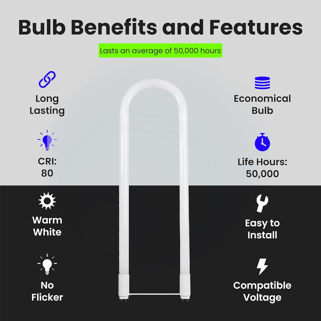 T8 U-Bend LED Tube Light, 15 Watts, Replaces 32W FB32T8 Fluorescent U-Bend, 2100 Lumens, Cool White 4000K, Type A+B Direct Replacement or Ballast Bypass, G13 Base, 50,000 Hours, 4-Pack