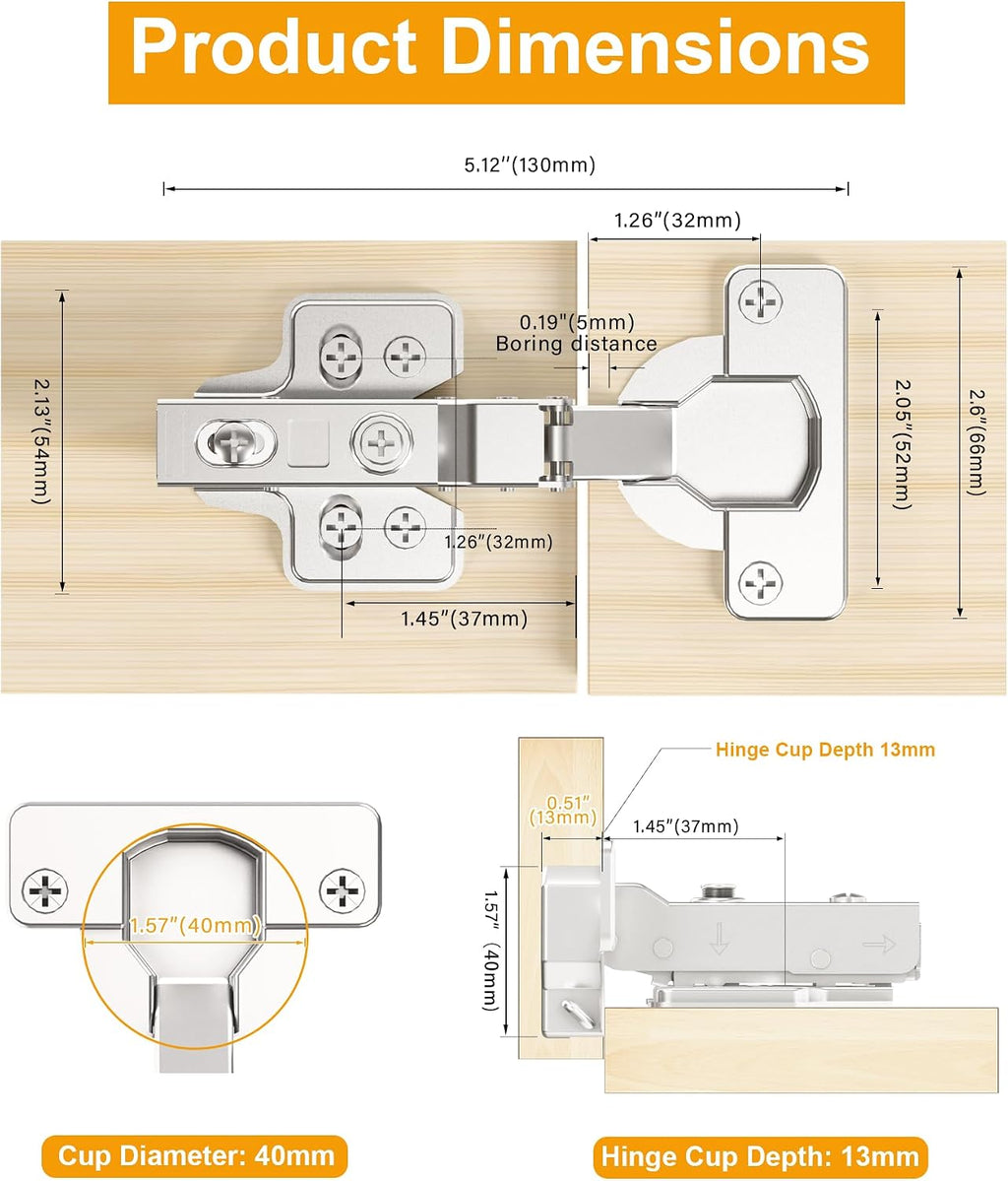 2 Pcs 40Mm Cup Half Overlay Soft Close Cabinet Hinges Only for Thick Door(18-28Mm), Durable, Quiet & Heavy Duty European Concealed Hinges with Screws, Nickel Plated for Frameless Cabinets