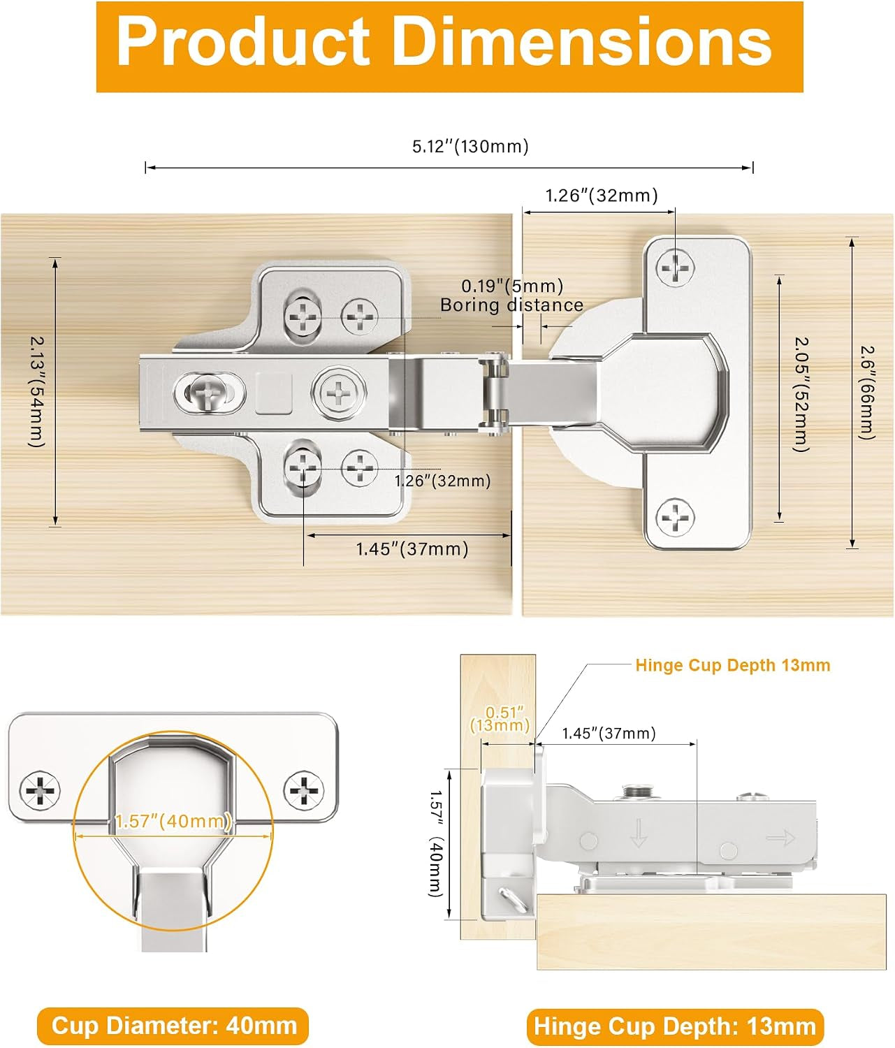 2 Pcs 40Mm Cup Half Overlay Soft Close Cabinet Hinges Only for Thick Door(18-28Mm), Durable, Quiet & Heavy Duty European Concealed Hinges with Screws, Nickel Plated for Frameless Cabinets