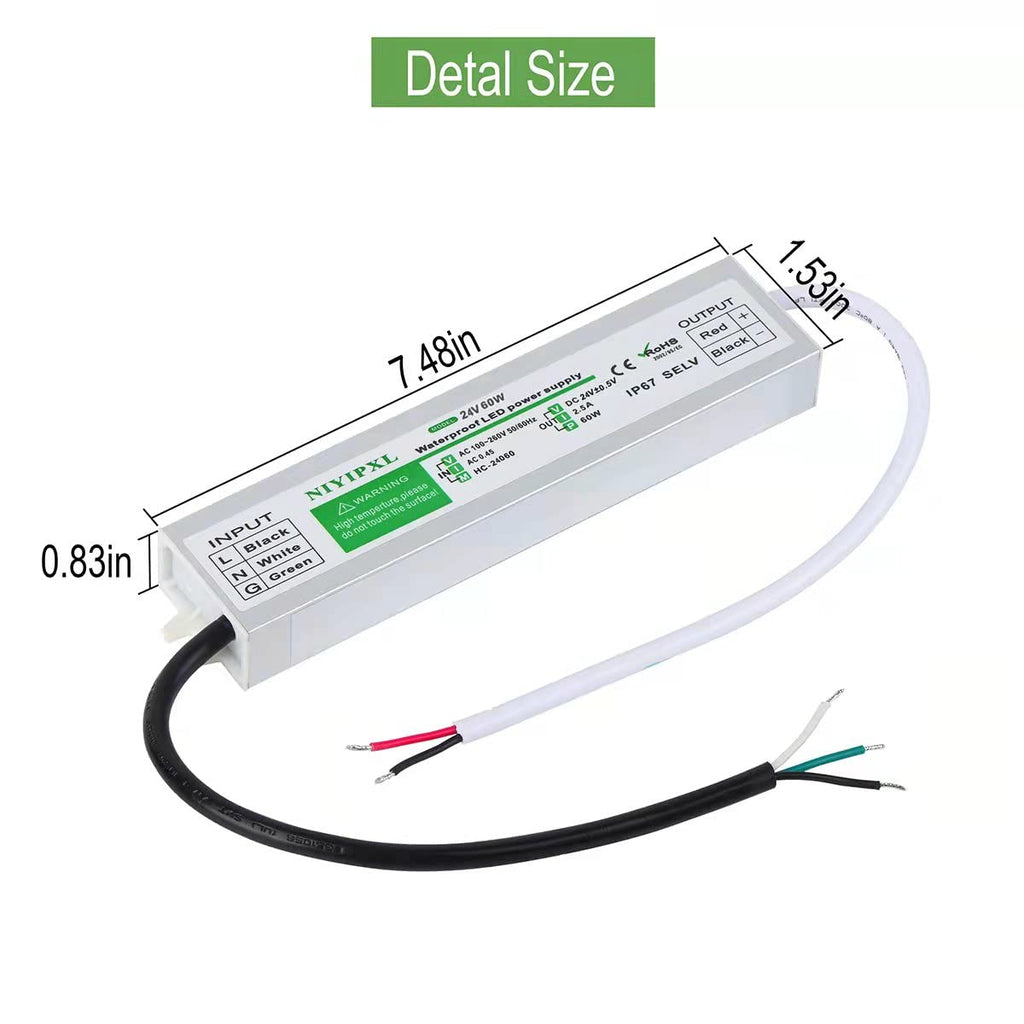 LED Driver 60W Waterproof IP67 Power Supply, 24V Transformer 90V-260V AC to DC for Strip Lights, Constant Voltage Products (1)
