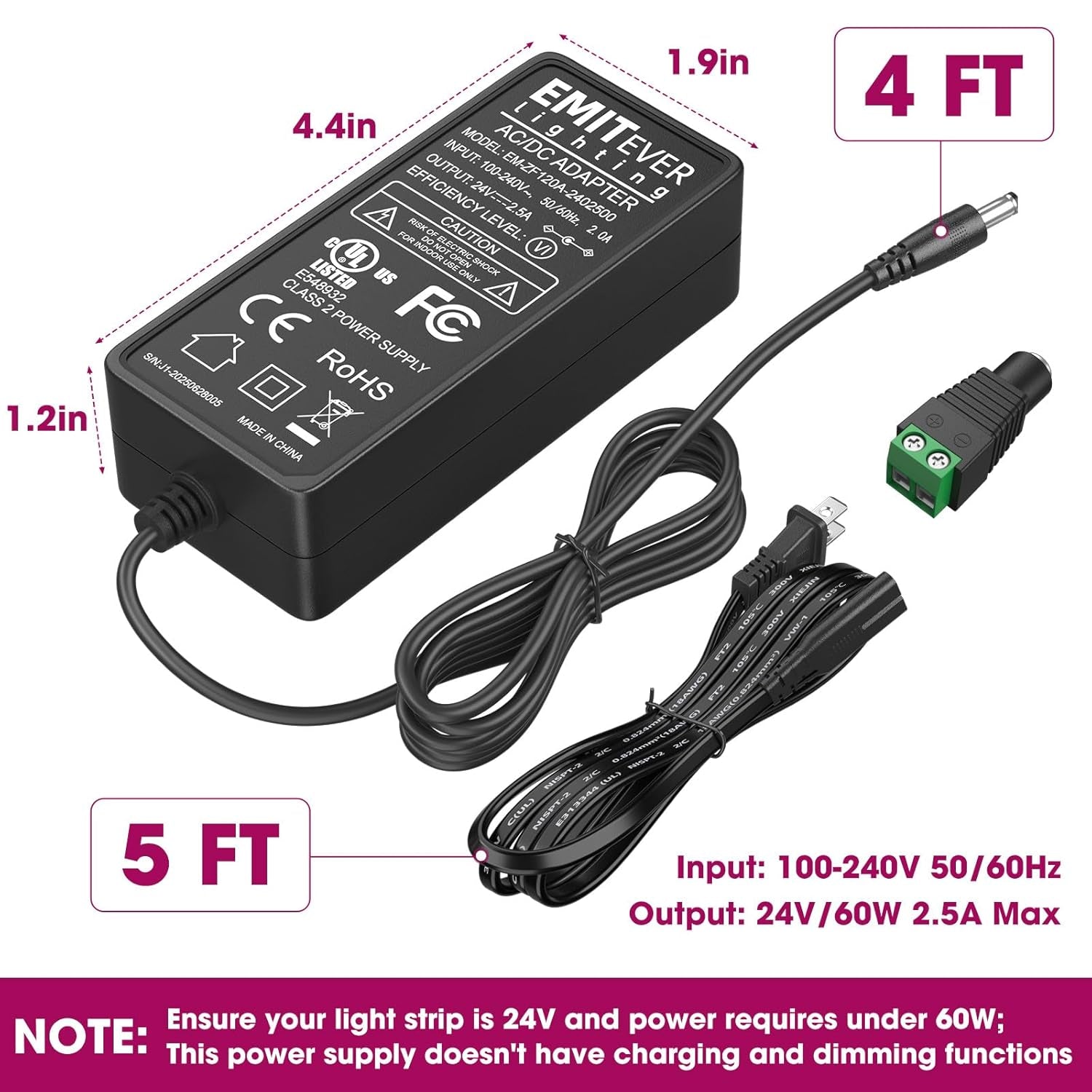 24V Power Supply, 60W LED Power Adapter Ul-Listed, 100-240V AC to 24V DC 2.5A Converter Lighting Transformers for LED Strip Lights,Cctv Cameras