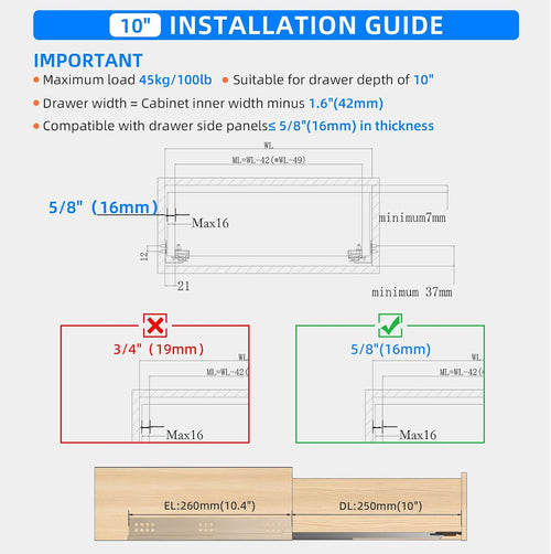 10 Inch Soft Close Undermount Drawer Slides for Frameless, 100Lb,1 Pair