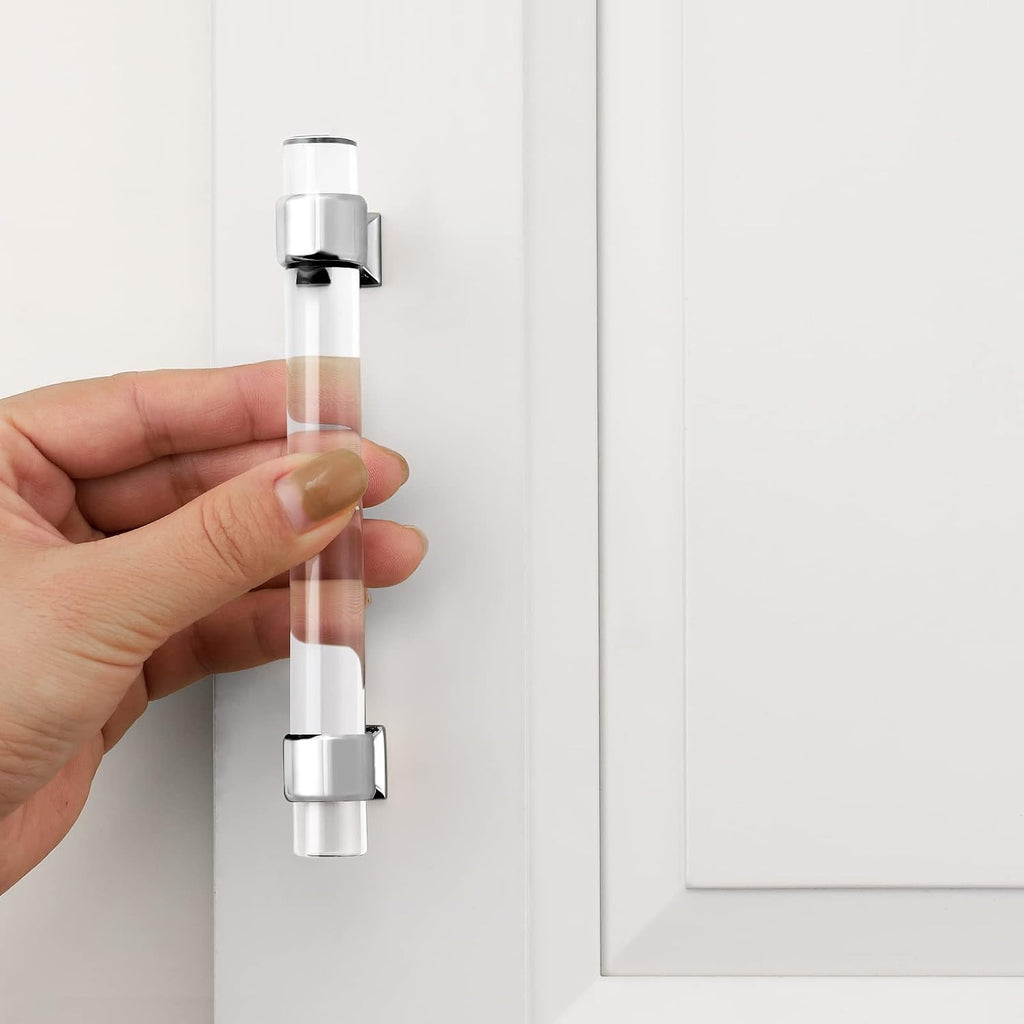 5 Pack Zinc Alloy with Clear Acrylic Cabinet Handles 4 Inch Hole Center Drawer Pulls Modern Polished Chrome Cabinet Pulls for Kirtchen and Bathroom Cabinets