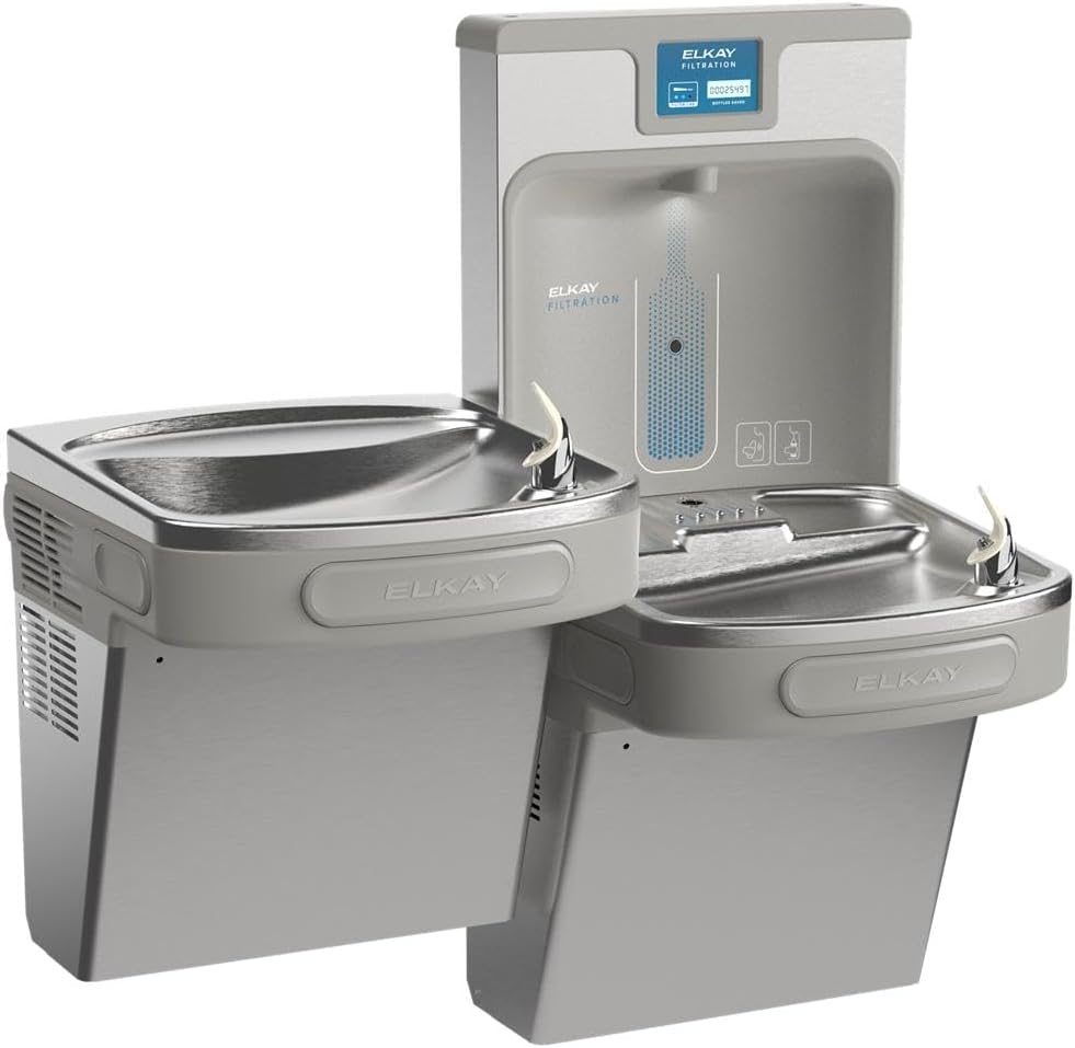 Elkay LZSTL8WSSP Enhanced Filtered Bottle Filler & Bi-Level ADA Cooler Refrigerated Stainless High Capacity Lead Reducing Drop down Wrapper