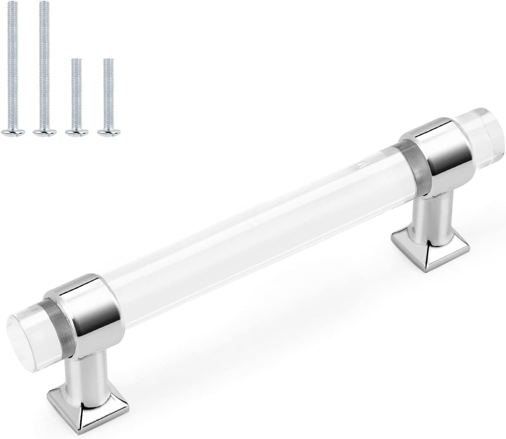5 Pack Zinc Alloy with Clear Acrylic Cabinet Handles 4 Inch Hole Center Drawer Pulls Modern Polished Chrome Cabinet Pulls for Kirtchen and Bathroom Cabinets