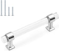 5 Pack Zinc Alloy with Clear Acrylic Cabinet Handles 4 Inch Hole Center Drawer Pulls Modern Polished Chrome Cabinet Pulls for Kirtchen and Bathroom Cabinets