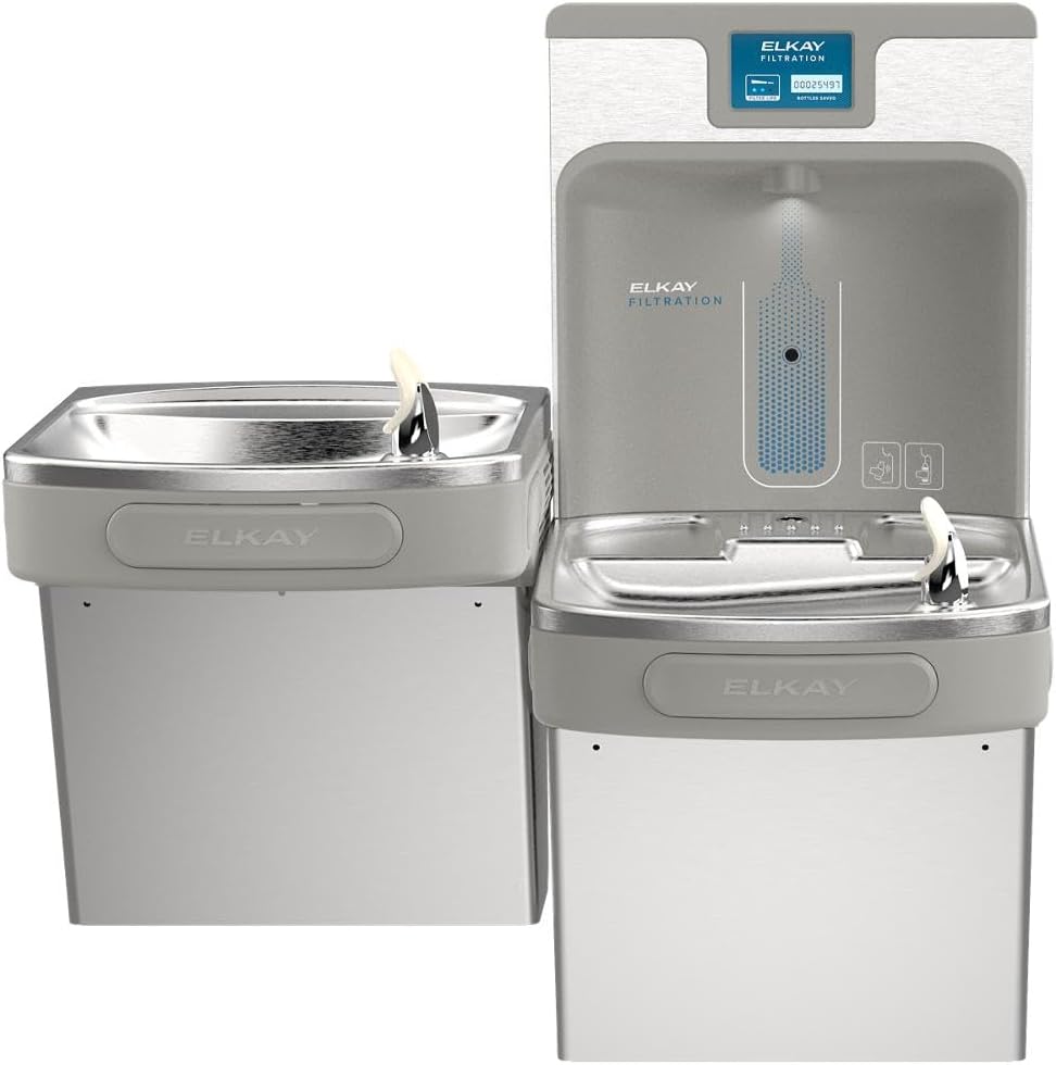 Elkay LZSTL8WSSP Enhanced Filtered Bottle Filler & Bi-Level ADA Cooler Refrigerated Stainless High Capacity Lead Reducing Drop down Wrapper