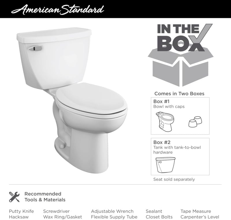 American Standard 2467016.020 Cadet Two-Piece Pressure Assisted Toilet, Chair Height, Elongated Front, White, 1.6 GPF