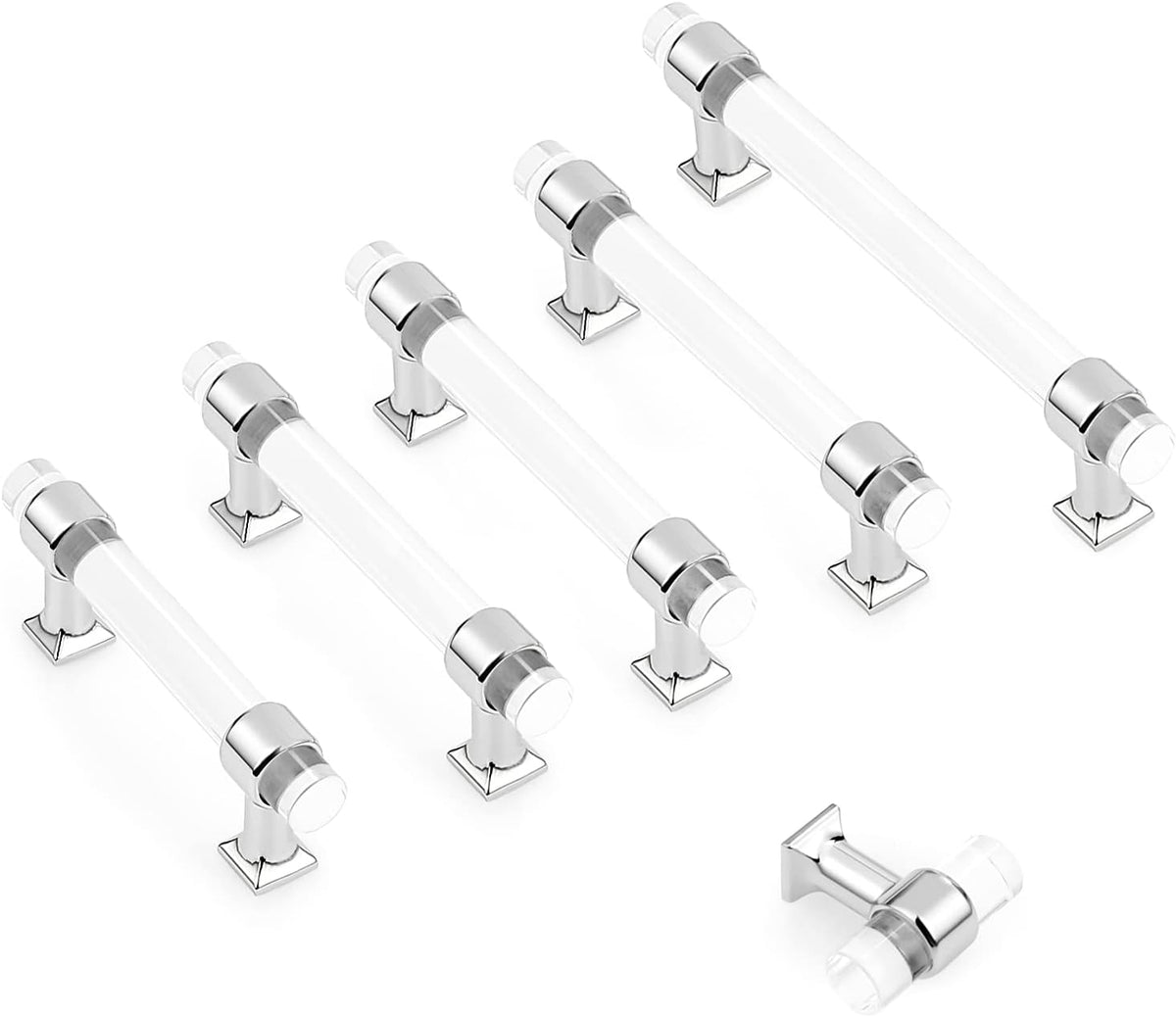 5 Pack Zinc Alloy with Clear Acrylic Cabinet Handles 4 Inch Hole Center Drawer Pulls Modern Polished Chrome Cabinet Pulls for Kirtchen and Bathroom Cabinets