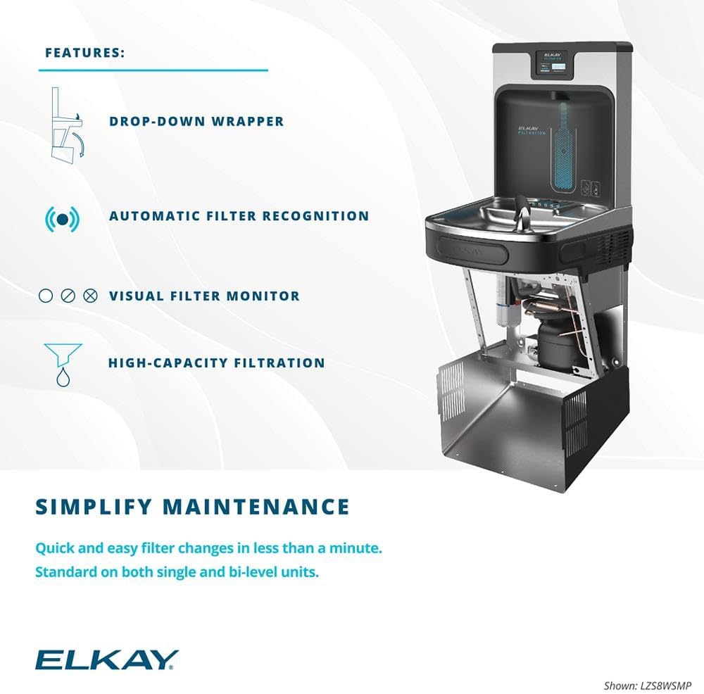 Elkay LZSTL8WSSP Enhanced Filtered Bottle Filler & Bi-Level ADA Cooler Refrigerated Stainless High Capacity Lead Reducing Drop down Wrapper