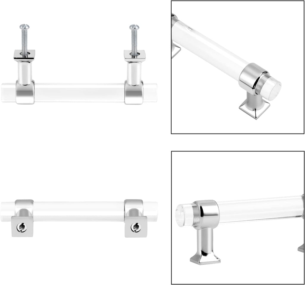 5 Pack Zinc Alloy with Clear Acrylic Cabinet Handles 4 Inch Hole Center Drawer Pulls Modern Polished Chrome Cabinet Pulls for Kirtchen and Bathroom Cabinets