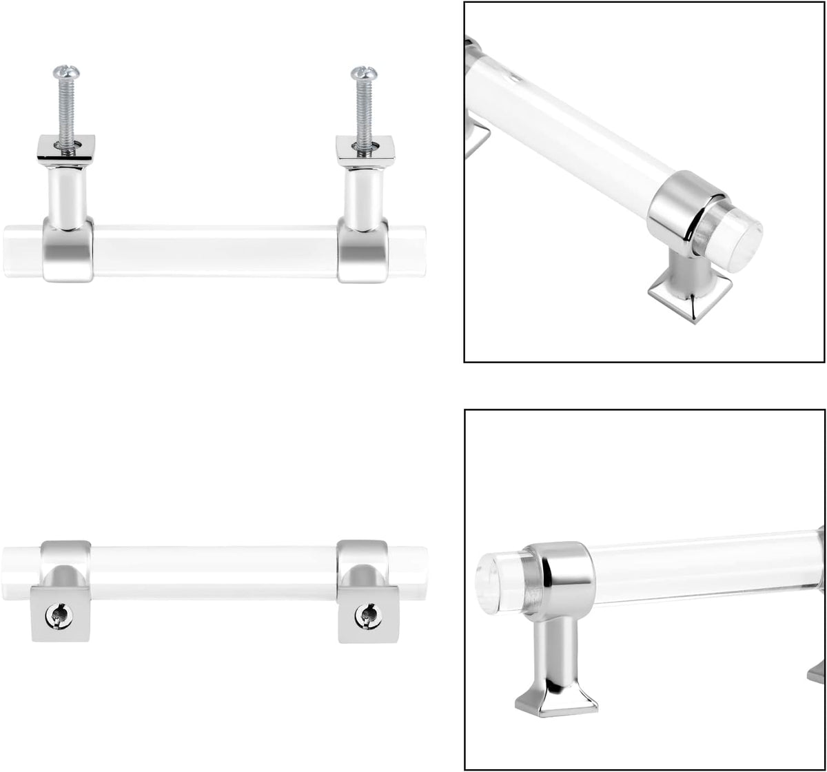 5 Pack Zinc Alloy with Clear Acrylic Cabinet Handles 4 Inch Hole Center Drawer Pulls Modern Polished Chrome Cabinet Pulls for Kirtchen and Bathroom Cabinets