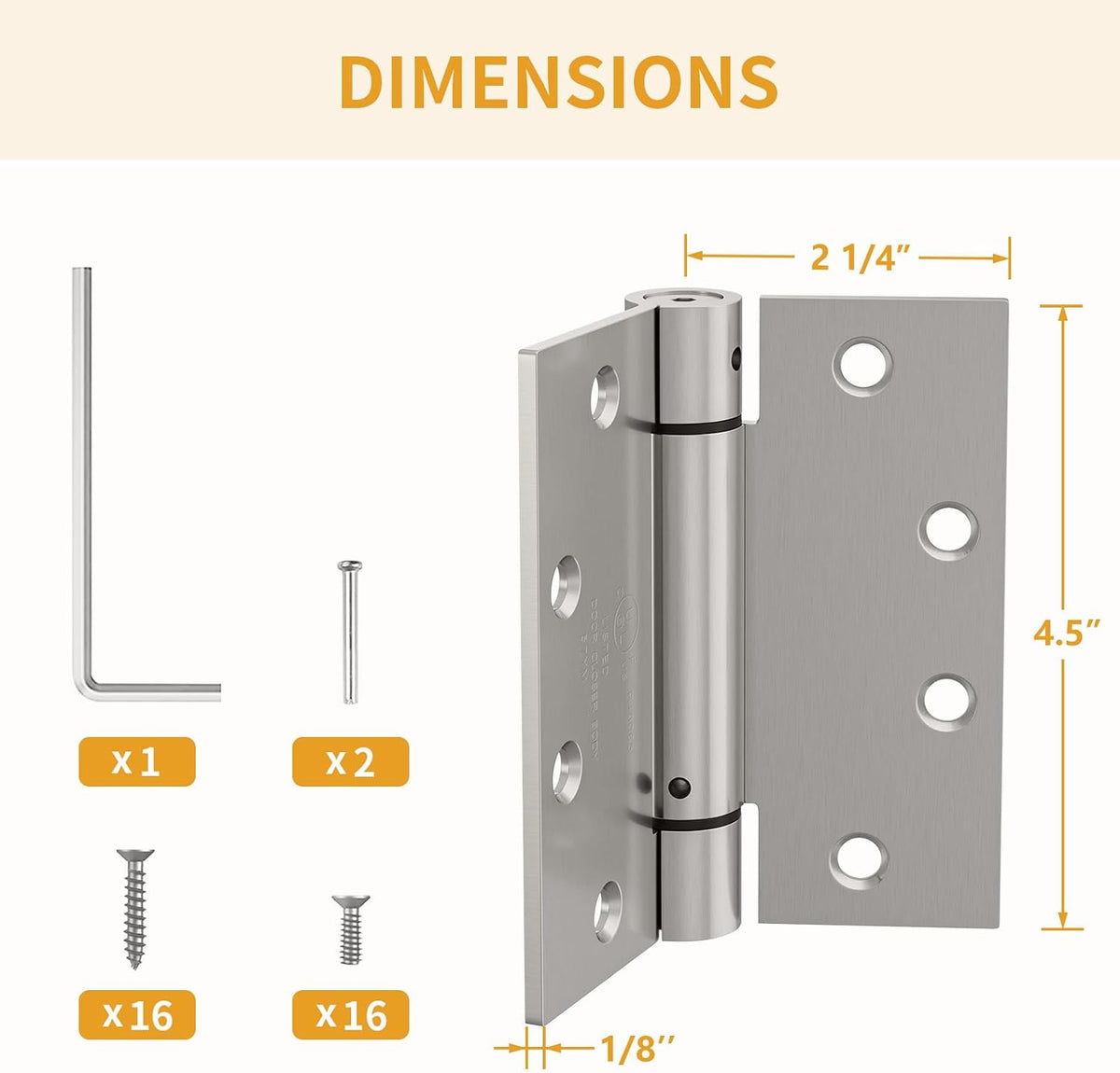 2 Pack Self Closing Door Hinges, 4.5" X 4.5" Spring Loaded Hinges | Square Corners, Adjustable Tension for Garage, Front Door, Back Door, for Left and Right Hand Door, UL Listed