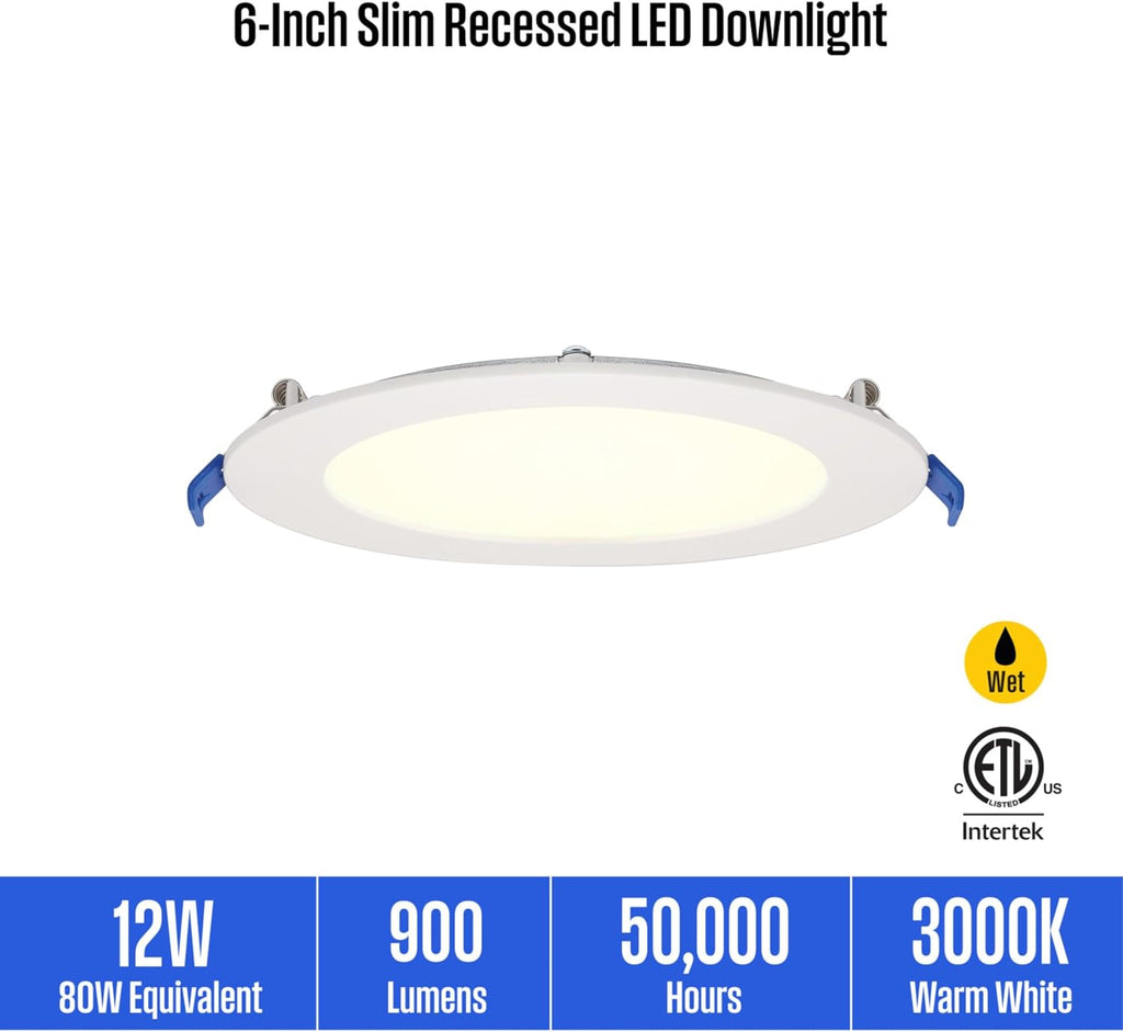 Westinghouse Lighting 5107200 12 Watt (80 Watt Equivalent) 6-Inch Slim Recessed LED Downlight Dimmable Warm White Light, White Trim