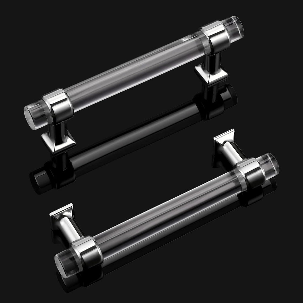 5 Pack Zinc Alloy with Clear Acrylic Cabinet Handles 4 Inch Hole Center Drawer Pulls Modern Polished Chrome Cabinet Pulls for Kirtchen and Bathroom Cabinets