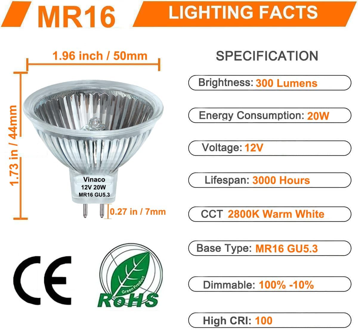 MR16 Halogen Bulb Dimmable 20W 12V 2800K Warm White GU5.3 Base