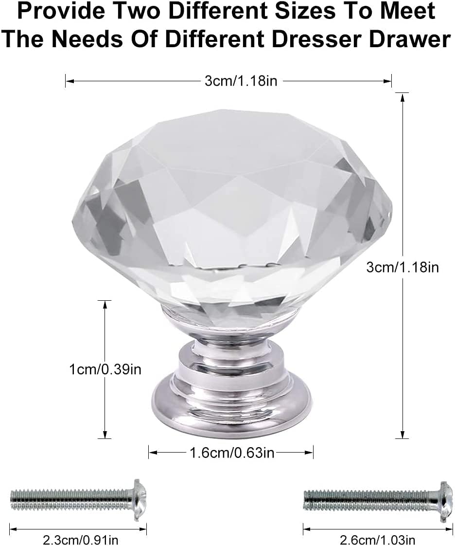 6 Pcs Crystal Glass Cabinet Knobs 30Mm Diamond Shape Drawer Kitchen Cabinets Dresser Cupboard Wardrobe Pulls Handles (30Mm, Clear)