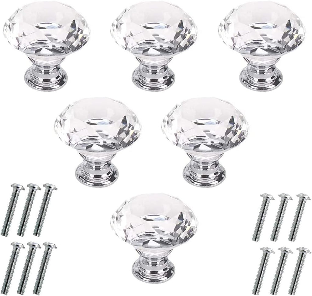 6 Pcs Crystal Glass Cabinet Knobs 30Mm Diamond Shape Drawer Kitchen Cabinets Dresser Cupboard Wardrobe Pulls Handles (30Mm, Clear)