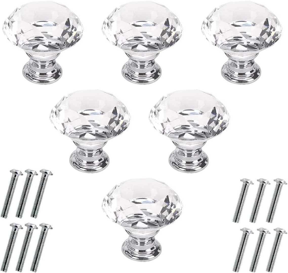 6 Pcs Crystal Glass Cabinet Knobs 30Mm Diamond Shape Drawer Kitchen Cabinets Dresser Cupboard Wardrobe Pulls Handles (30Mm, Clear)