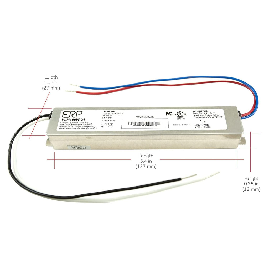 ERP VLM100W-24 Constant Voltage DC Power Compact LED Driver 24V 4A 96W UL Class P for LED Lights and Lighting