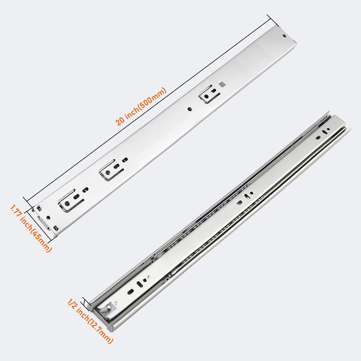 1 Pair 20 Inch Rear/Side Mount Drawer Slides with Rear Mounting Brackets, Heavy Duty Ball Bearing Soft Close Drawer Glides, 3 Folds Full Extension Dresser Drawer Runners
