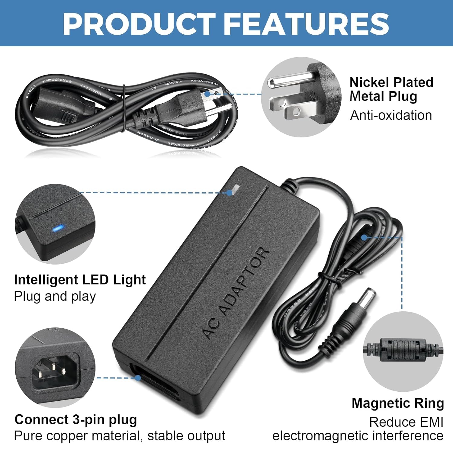 24V 2.5A Power Supply 60W AC/DC Adapter AC 100-240V to DC 24 Volt 2.5 Amp Switching Converter Compatible with 2.4A Interface with 5.5×2.5Mm Plug for LED Strip Light