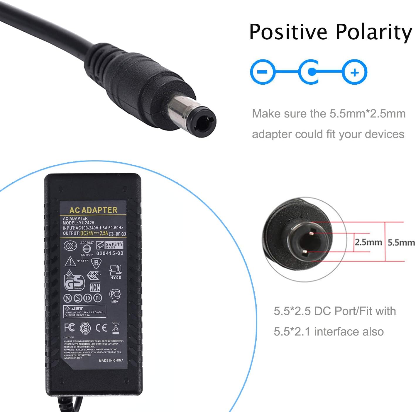 COOLM DC 24V 2.5A Power Supply Adapter 60W Compatible with 24Volt 0-2500mA | Universal Replacement 24V 2.4A 2.2A 2A, Transformers Cord 5.5 x 2.5mm DC Plug Jack, 24Volt 0-2.5 Amp
