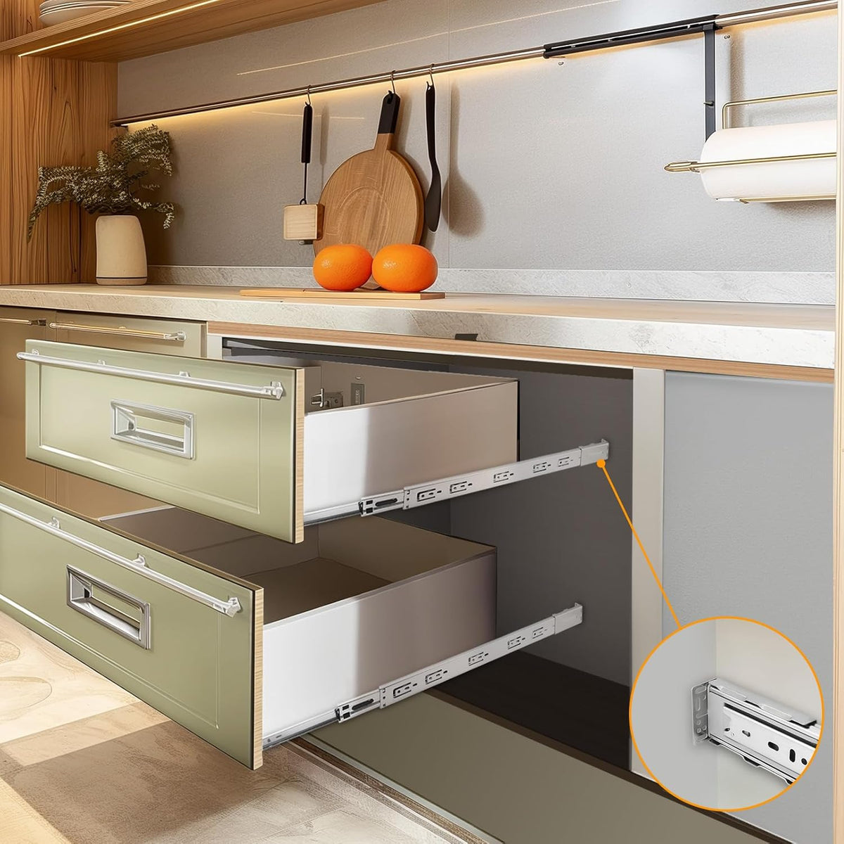 1 Pair 20 Inch Rear/Side Mount Drawer Slides with Rear Mounting Brackets, Heavy Duty Ball Bearing Soft Close Drawer Glides, 3 Folds Full Extension Dresser Drawer Runners