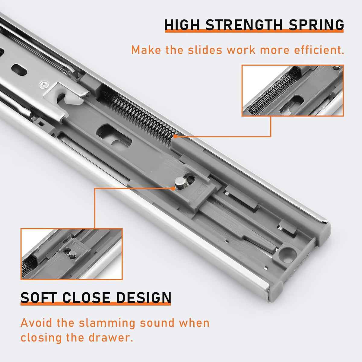 1 Pair 20 Inch Rear/Side Mount Drawer Slides with Rear Mounting Brackets, Heavy Duty Ball Bearing Soft Close Drawer Glides, 3 Folds Full Extension Dresser Drawer Runners