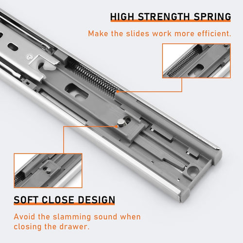 1 Pair 20 Inch Rear/Side Mount Drawer Slides with Rear Mounting Brackets, Heavy Duty Ball Bearing Soft Close Drawer Glides, 3 Folds Full Extension Dresser Drawer Runners