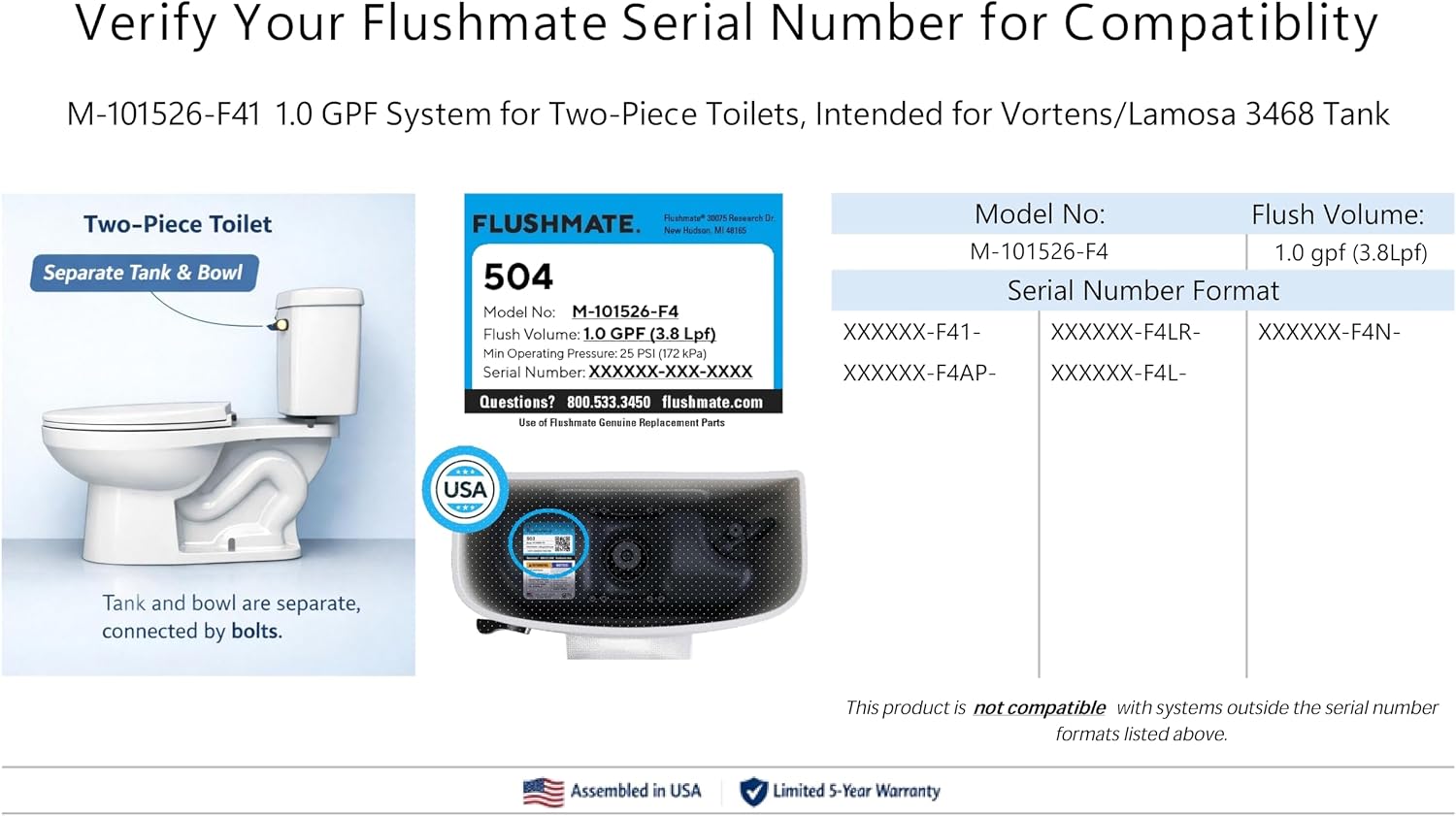 M-101526-F41 System, 1.0 GPF, Fits Vortens/Lamosa 3468 Tank | Compatible with  504 Series and Series III Systems, Genuine  Replacement, Pressure-Assisted Flush 93001155