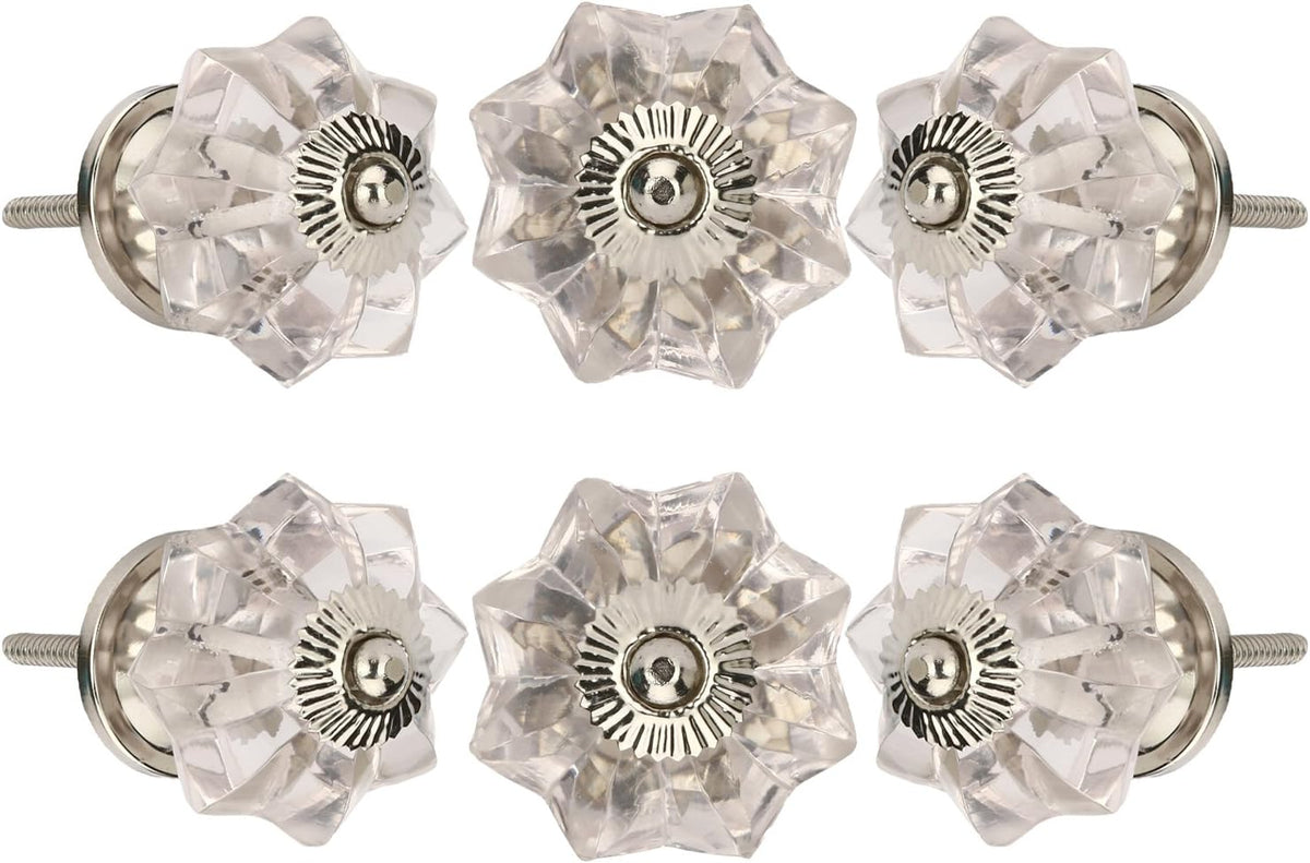 Set of 6 Crystal Knobs - for Cabinet & Drawers Decorative Glass Knobs - for Home, Kitchen, Cabinet, Hardware, Cupboard, Door, Dresser, Wardrobe and Drawer Pulls (Clear)