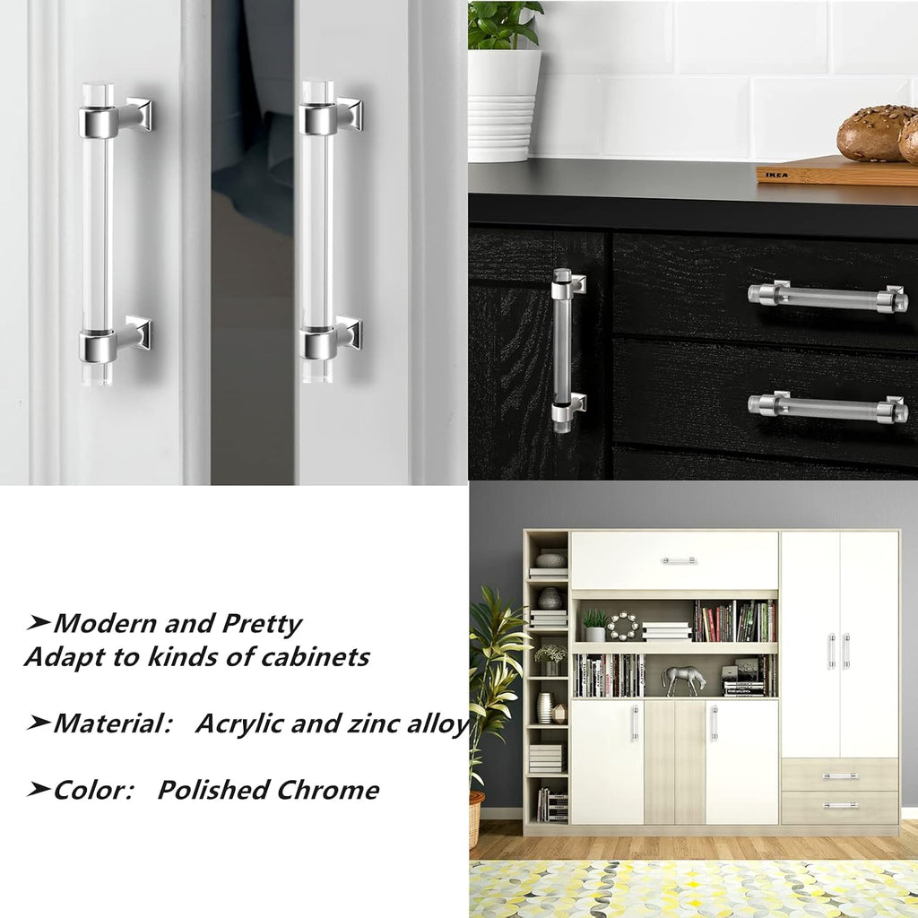 5 Pack Zinc Alloy with Clear Acrylic Cabinet Handles 4 Inch Hole Center Drawer Pulls Modern Polished Chrome Cabinet Pulls for Kirtchen and Bathroom Cabinets