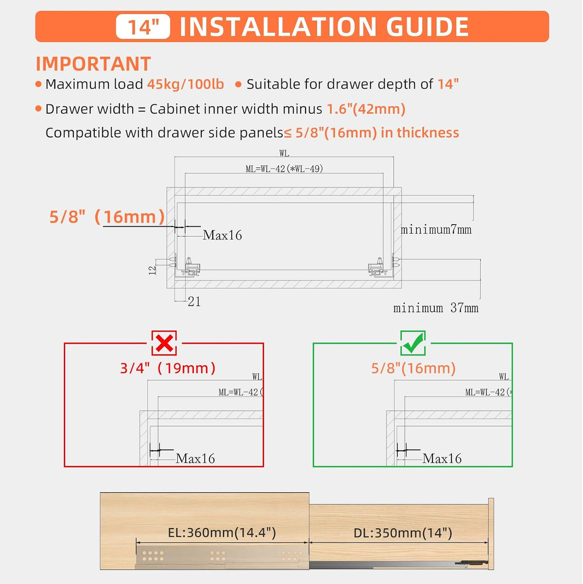 14 Inch Soft Close Undermount Drawer Slides for Frameless Cabinets