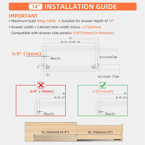 14 Inch Soft Close Undermount Drawer Slides for Frameless Cabinets
