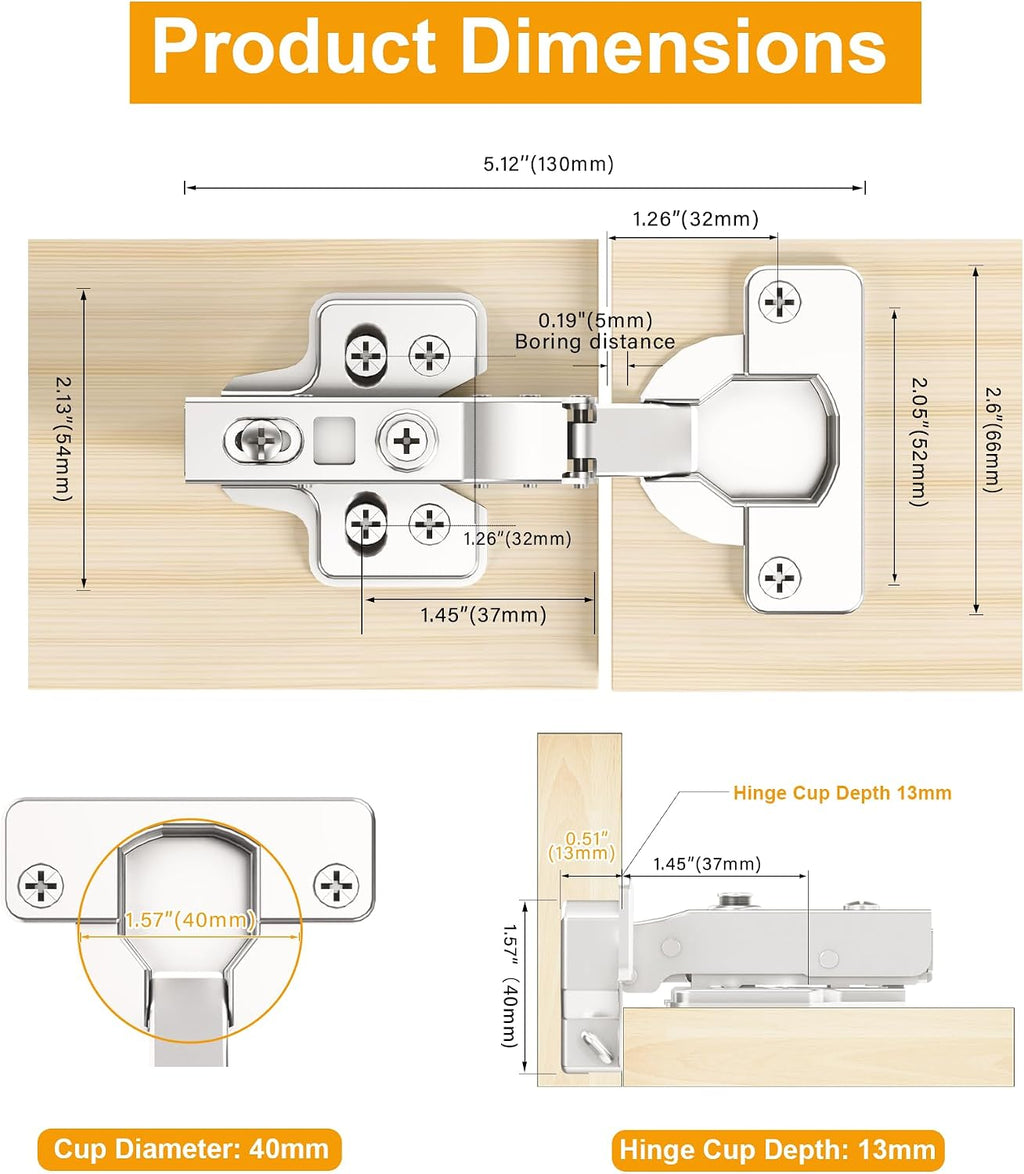 2 Pcs 40Mm Cup Full Overlay Soft Close Cabinet Hinges Only for Thick Door(18-28Mm), Durable, Quiet & Heavy Duty European Concealed Hinges with Screws, Nickel Plated for Frameless Cabinets