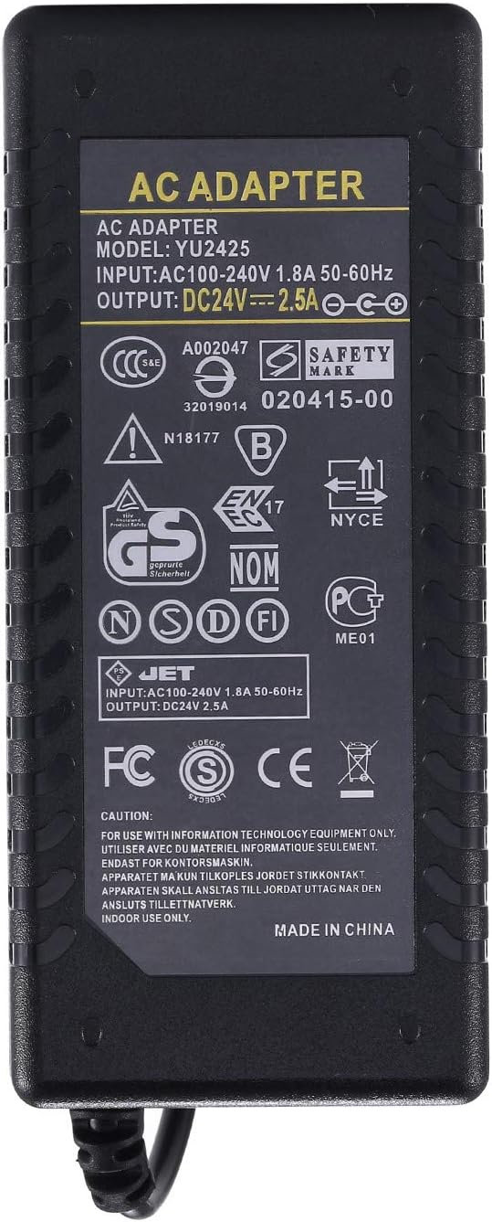 COOLM DC 24V 2.5A Power Supply Adapter 60W Compatible with 24Volt 0-2500mA | Universal Replacement 24V 2.4A 2.2A 2A, Transformers Cord 5.5 x 2.5mm DC Plug Jack, 24Volt 0-2.5 Amp
