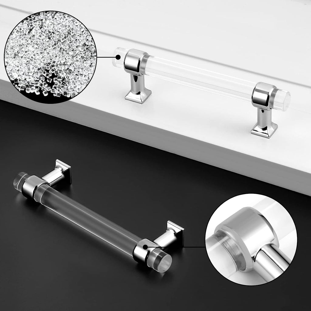 5 Pack Zinc Alloy with Clear Acrylic Cabinet Handles 4 Inch Hole Center Drawer Pulls Modern Polished Chrome Cabinet Pulls for Kirtchen and Bathroom Cabinets