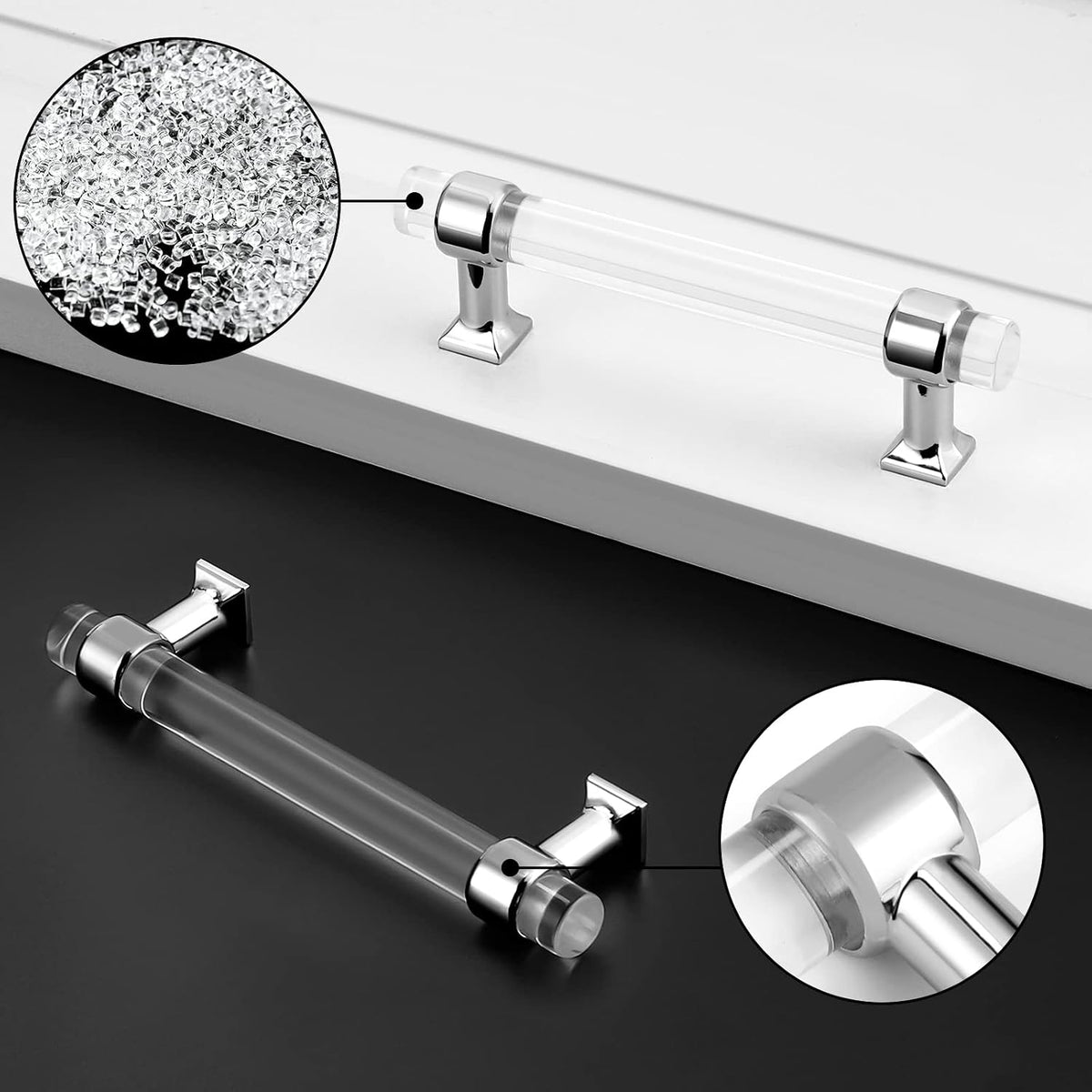 5 Pack Zinc Alloy with Clear Acrylic Cabinet Handles 4 Inch Hole Center Drawer Pulls Modern Polished Chrome Cabinet Pulls for Kirtchen and Bathroom Cabinets