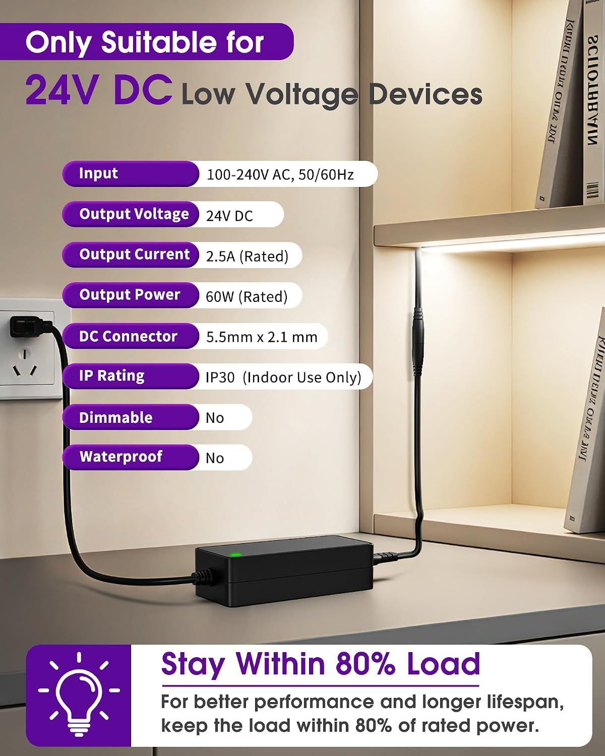 24V 2.5A 60W Power Supply, AC/DC LED Adapter, Class 2, Ul-Listed