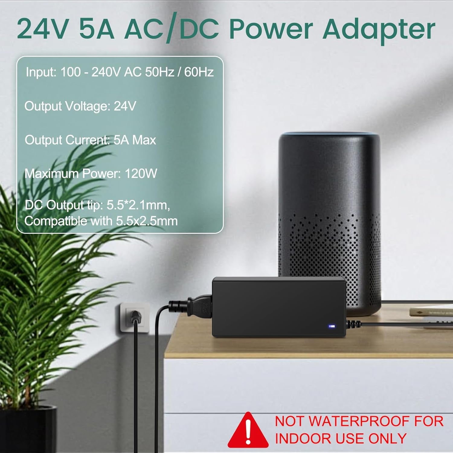 24V Power Supply 5A,AC 100-240V to DC 24 Volt 5A Power Converter Transformer,24V 120W Max AC/DC Adapter with 5.5 X 2.1Mm DC Plug for LED Strip Security Camera Router LED Driver Monitor