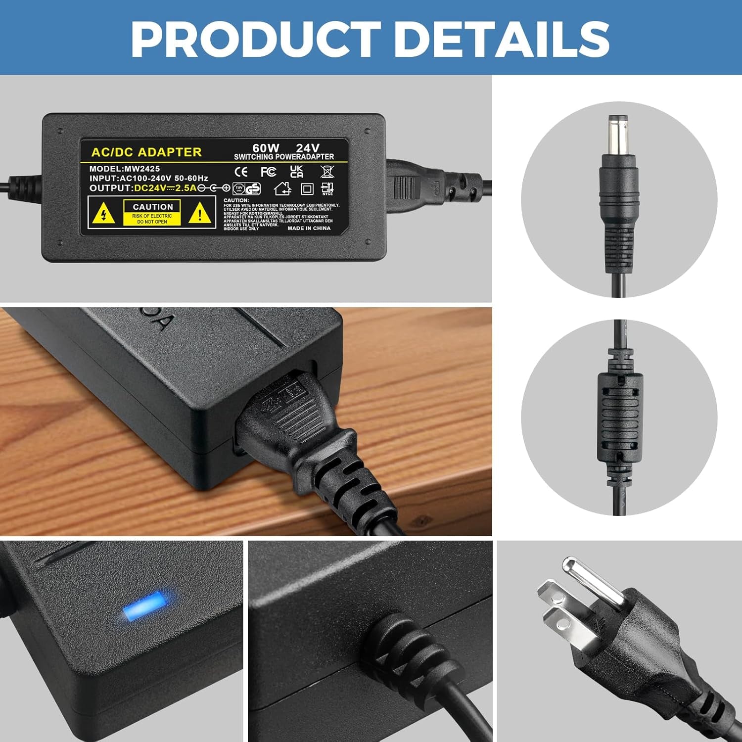 24V 2.5A Power Supply 60W AC/DC Adapter AC 100-240V to DC 24 Volt 2.5 Amp Switching Converter Compatible with 2.4A Interface with 5.5×2.5Mm Plug for LED Strip Light