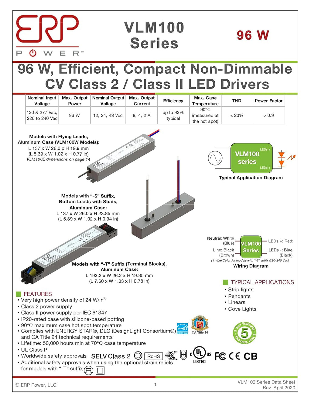 ERP VLM100W-24 Constant Voltage DC Power Compact LED Driver 24V 4A 96W UL Class P for LED Lights and Lighting